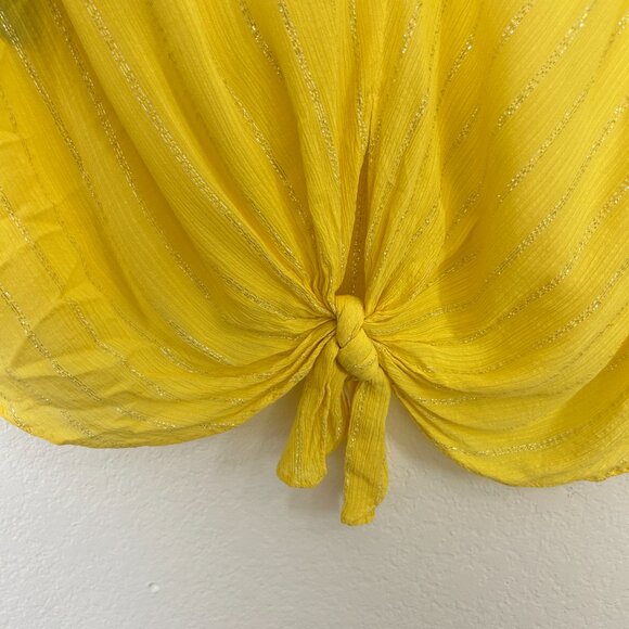 Rachel Roy Top Womens 0X Plus Yellow Silver Metallic Striped Front Tie Blouse - Picture 5 of 7